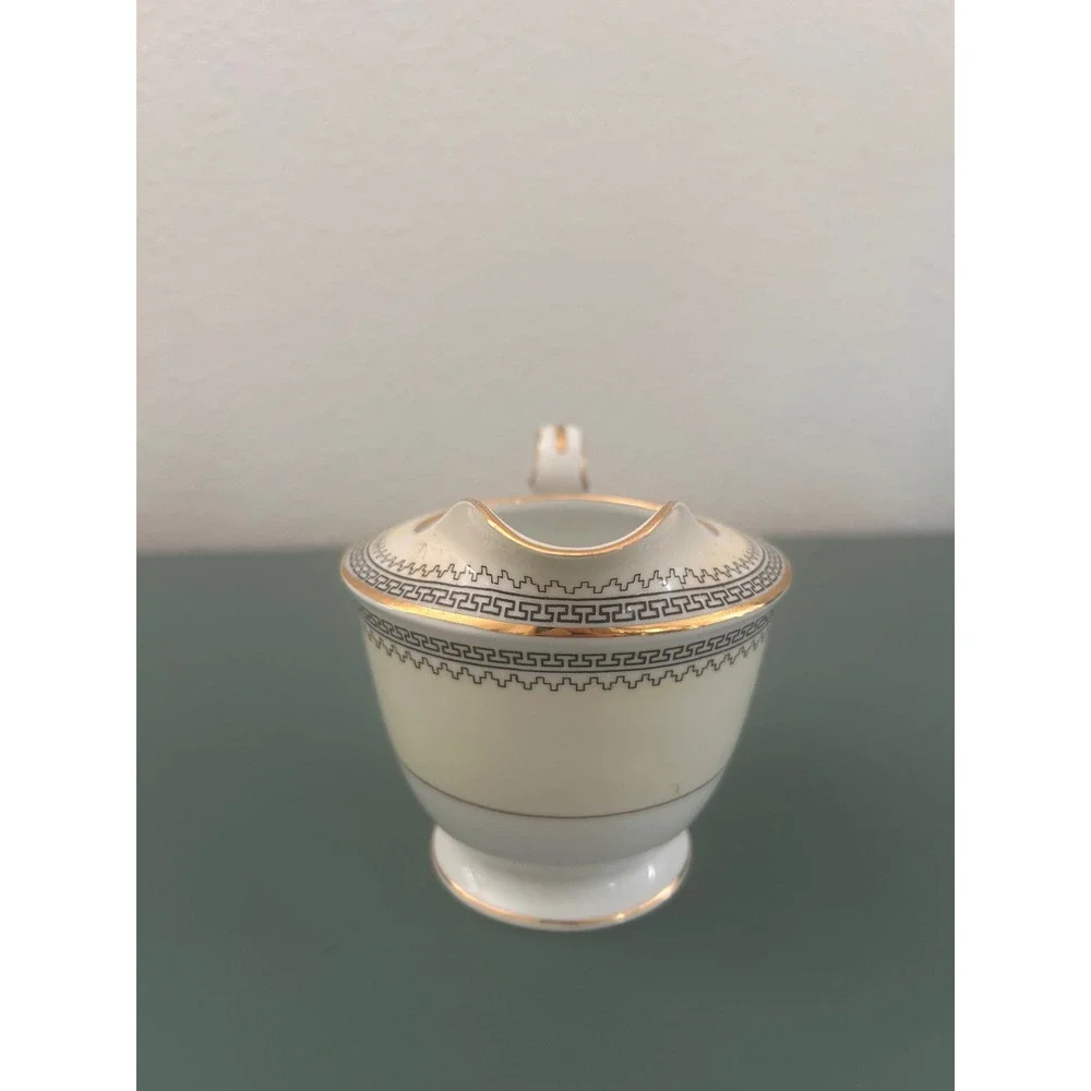 Noritake‎ Vintage Porcelain Creamer Greek Key Black Gold Trim Made in Japan